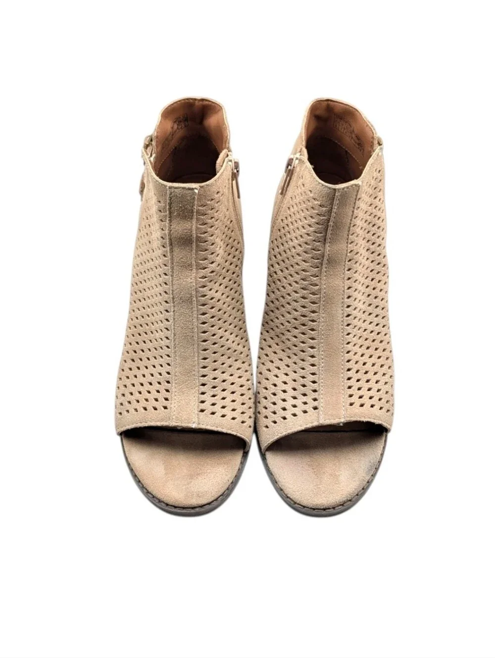 Vionic Aloft Chryssa Light Sand Suede Peep Toe Booties Size 9 GUC S4241